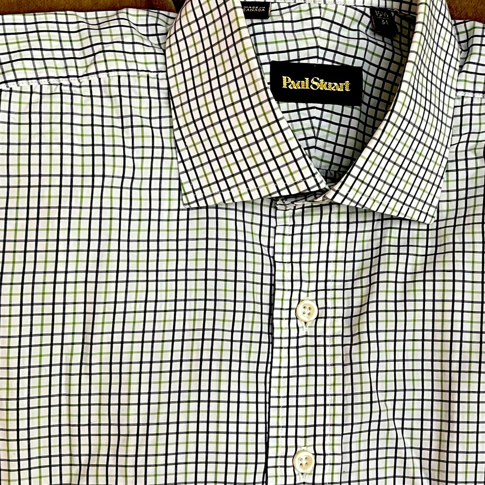 Paul Stuart M dress shirt. 100% cotton. M/W. Green/blue window. Slim. 15.5 X 34.